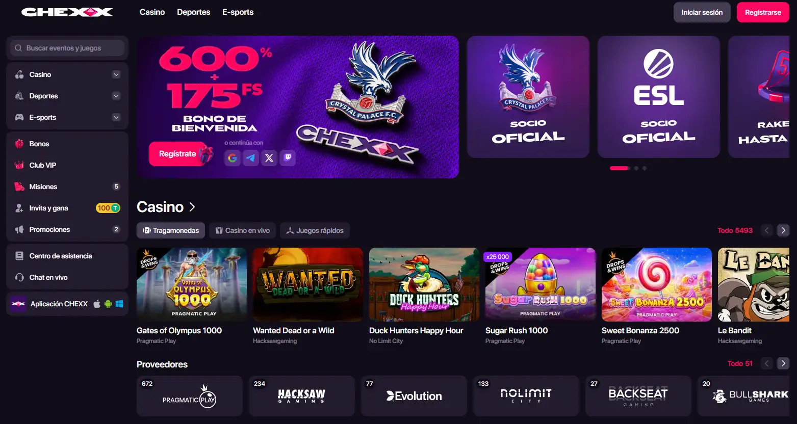 Interfaz principal de CHEXX con navegación de casino y sportsbook