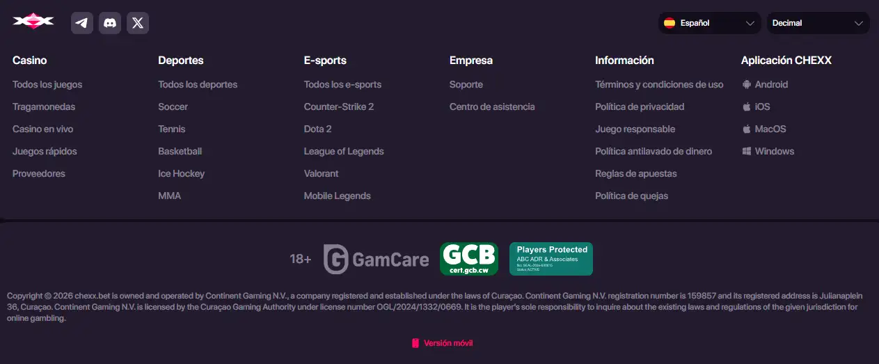 Información legal de CHEXX con la referencia a licencia de Curaçao
